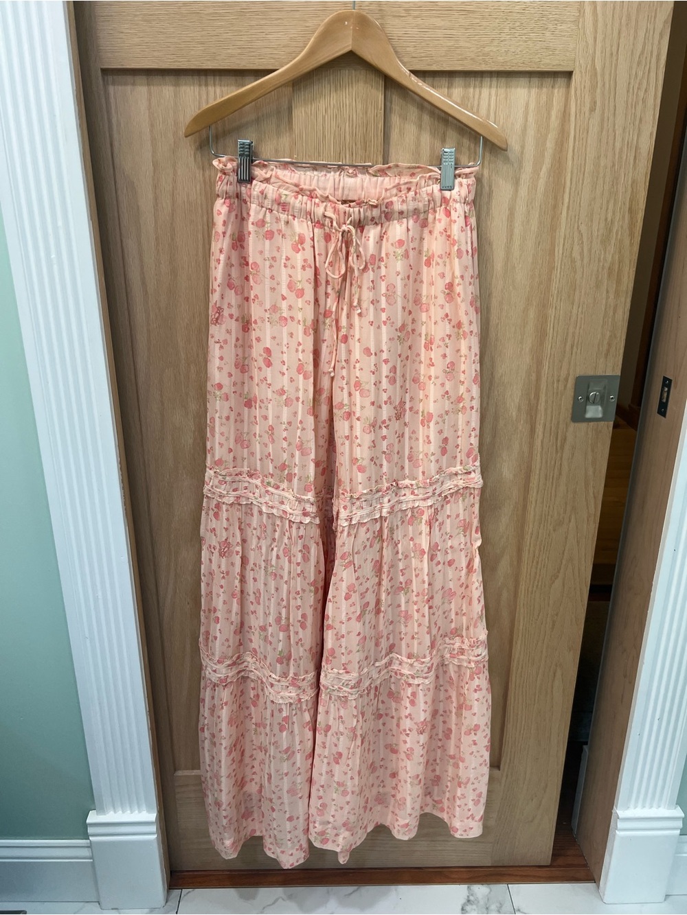 Free People Peach Floral Tiered Boho Wide-Leg Pants